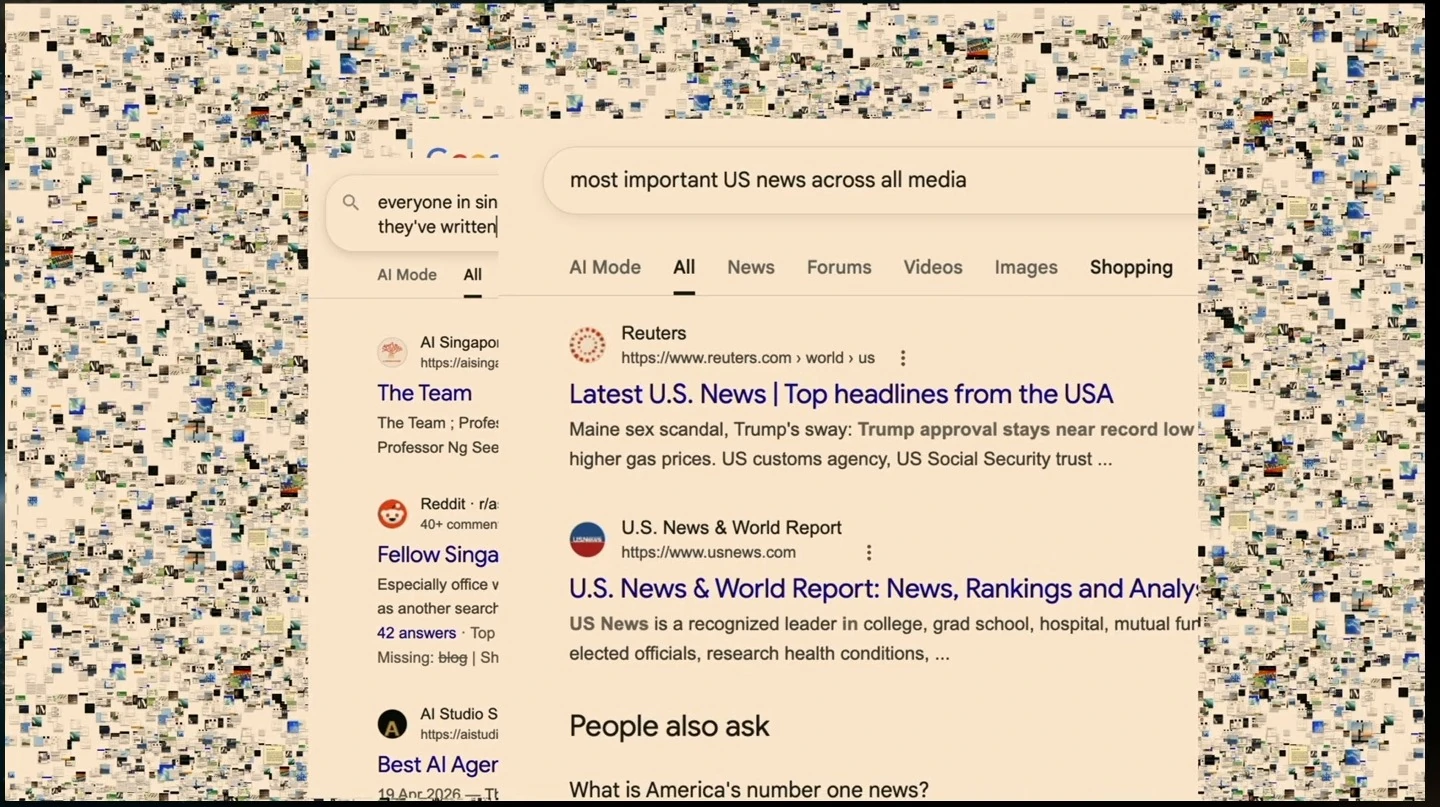 Google results for a query about the most important US news across media, layered over earlier search examples.
