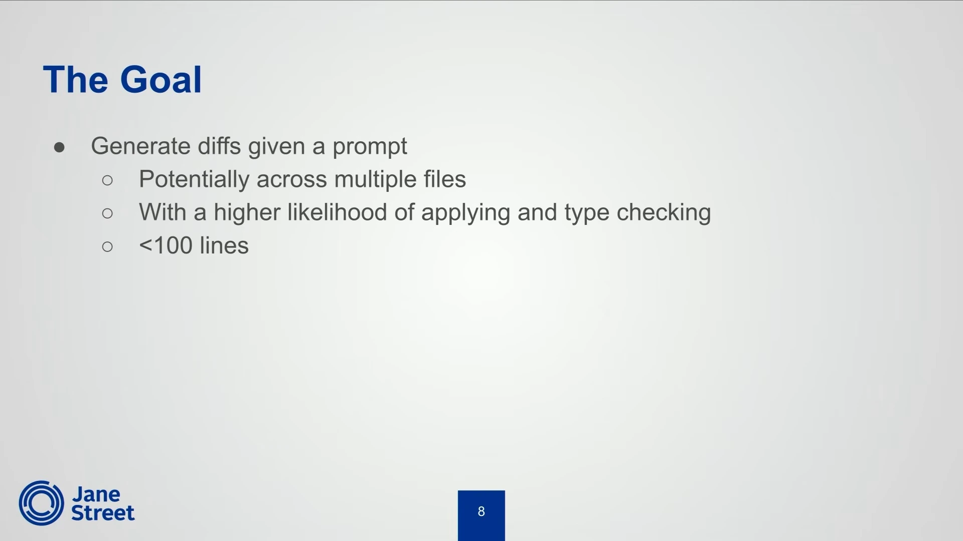 Generate diffs from a prompt, potentially across multiple files, with a higher likelihood of applying and type checking, and under 100 lines.