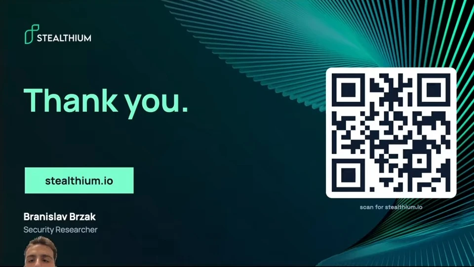 Closing slide with a thank-you message, presenter attribution, website and QR code.