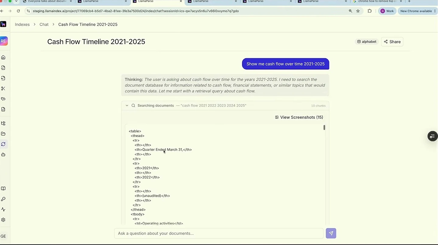 A cash-flow chat shows a document search, an excerpt of retrieved table markup, and a control to view screenshots.