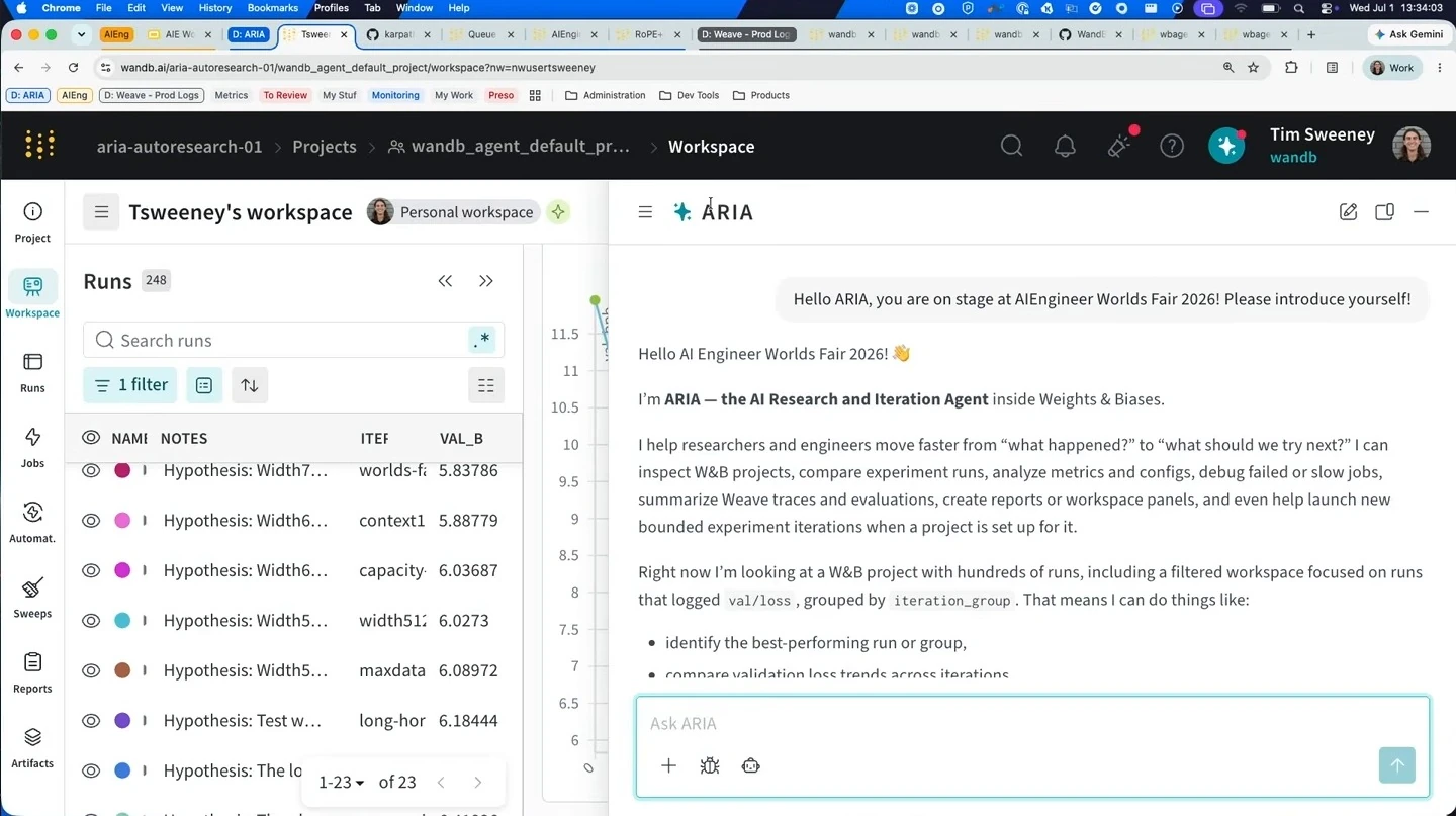 ARIA introduces itself and describes analyzing experiments in a W&B workspace.
