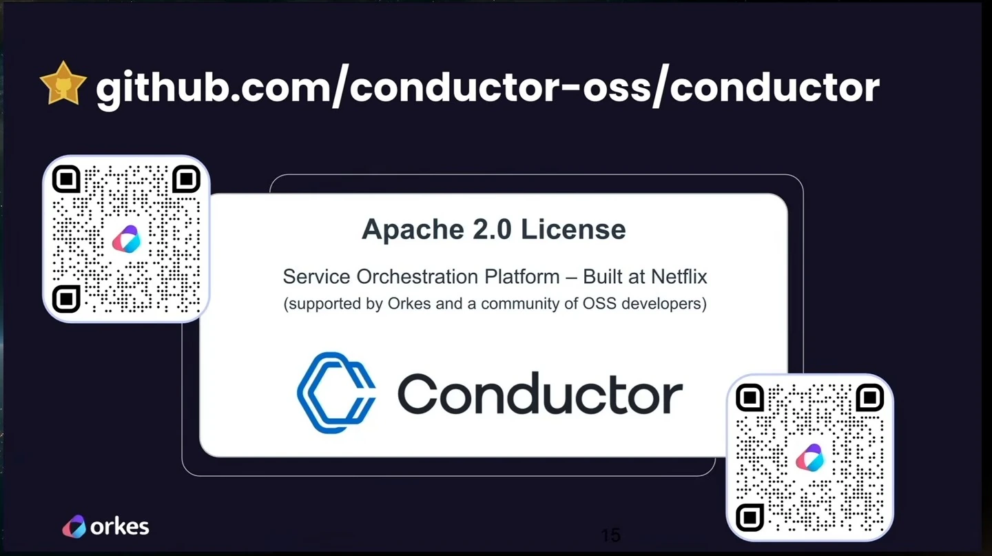 Conductor slide identifying its Apache 2.0 license, Netflix origins, and community support, with two QR codes.