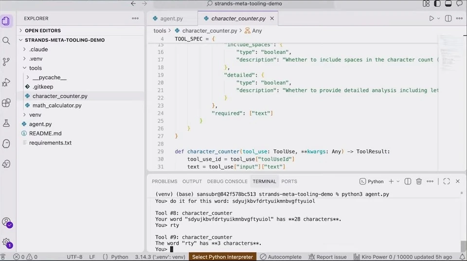 Editor with character counter code and terminal results for two inputs.
