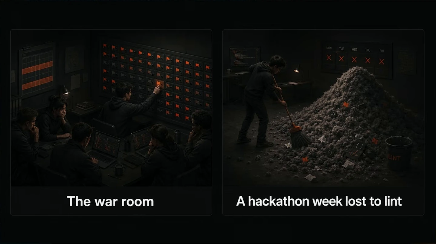 Two illustrations depict a team in a war room and a person sweeping a pile of lint.