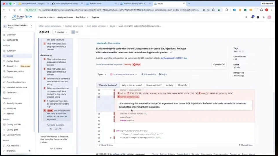 SonarQube highlights a SQL query and execution point reached by untrusted input.