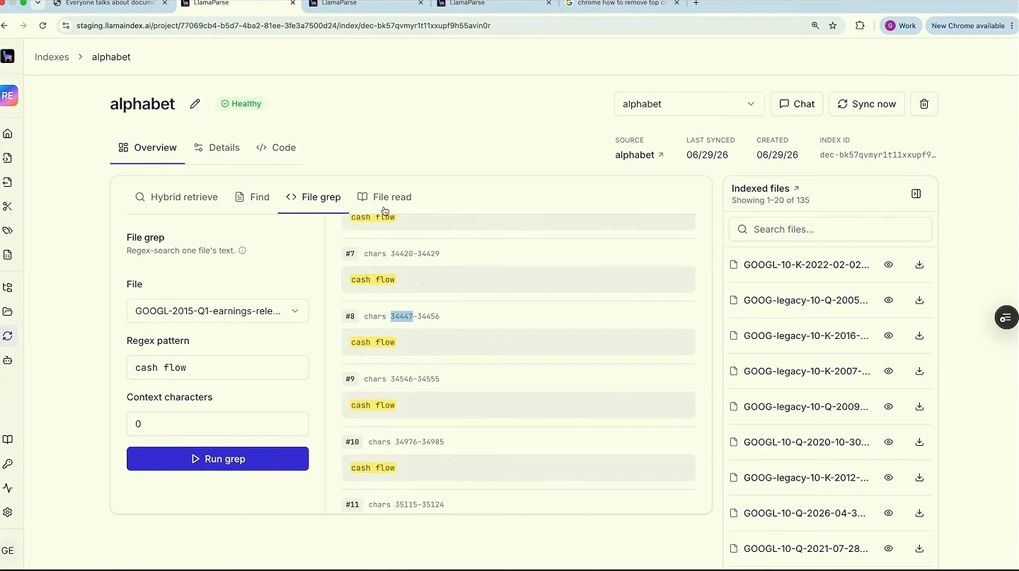 File grep lists highlighted cash flow matches and their character offsets.