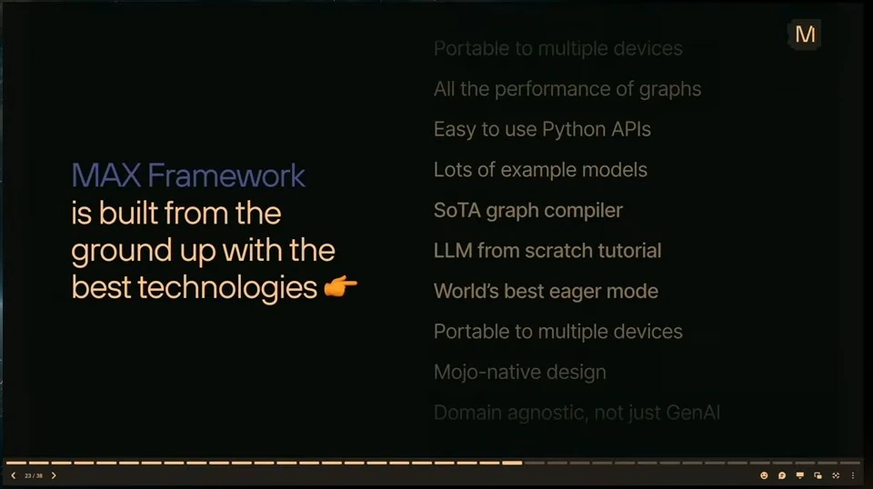 A MAX Framework overview pairs a statement about its underlying technologies with a list of features.