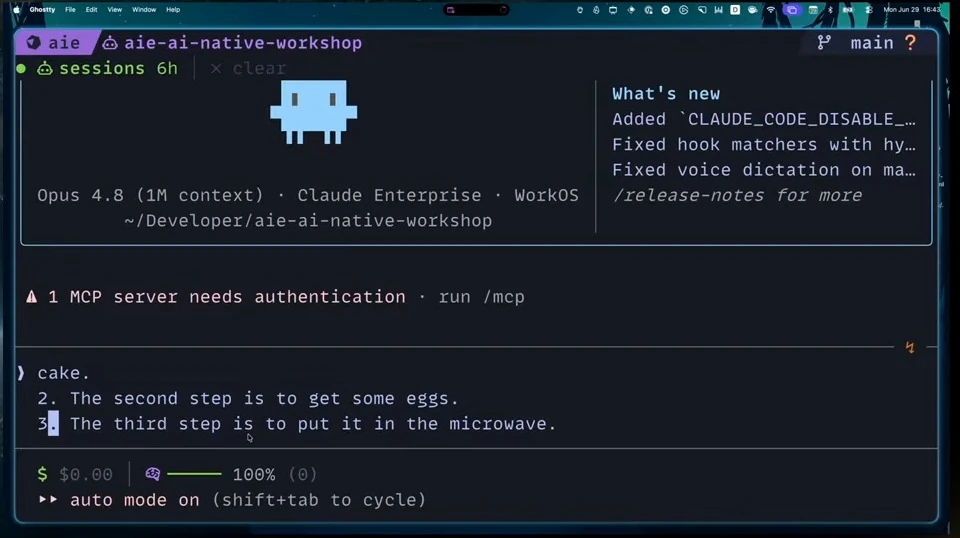 A terminal shows the latter steps of a dictated cake-making list.