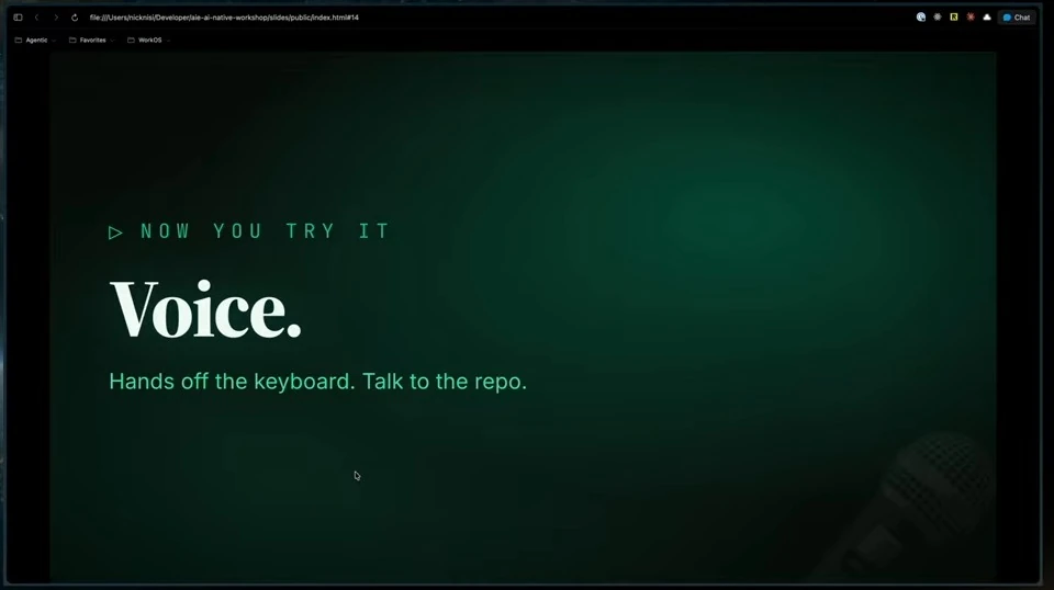 A slide invites participants to talk to the repository without using the keyboard.