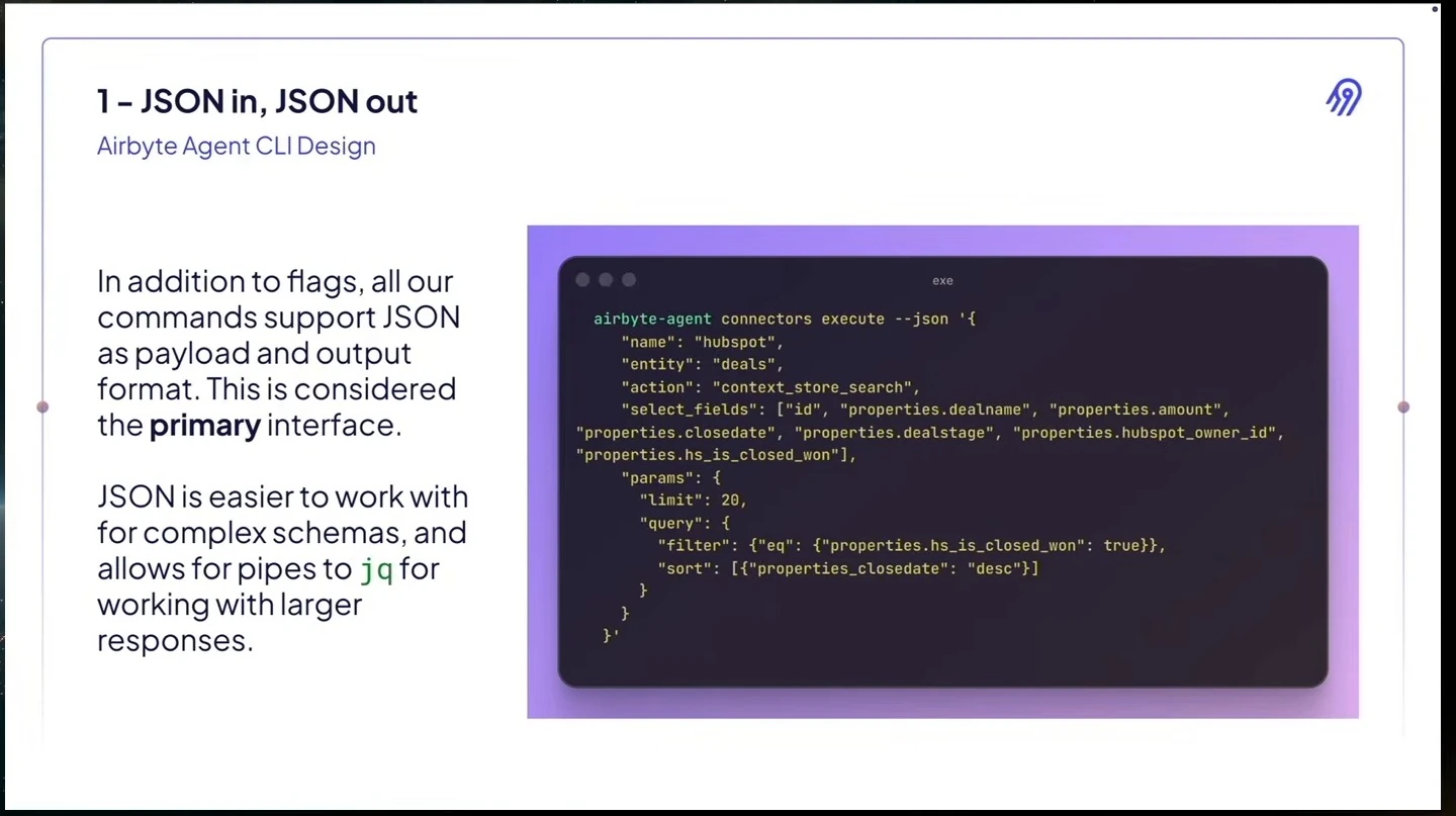 Airbyte Agent CLI design slide describing JSON as the primary interface and showing a JSON query example.