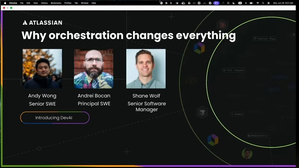 Atlassian introduction slide showing three presenters and their roles.