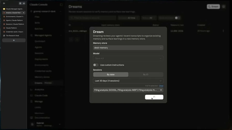 Dream dialog with a memory store and four recent sessions selected.