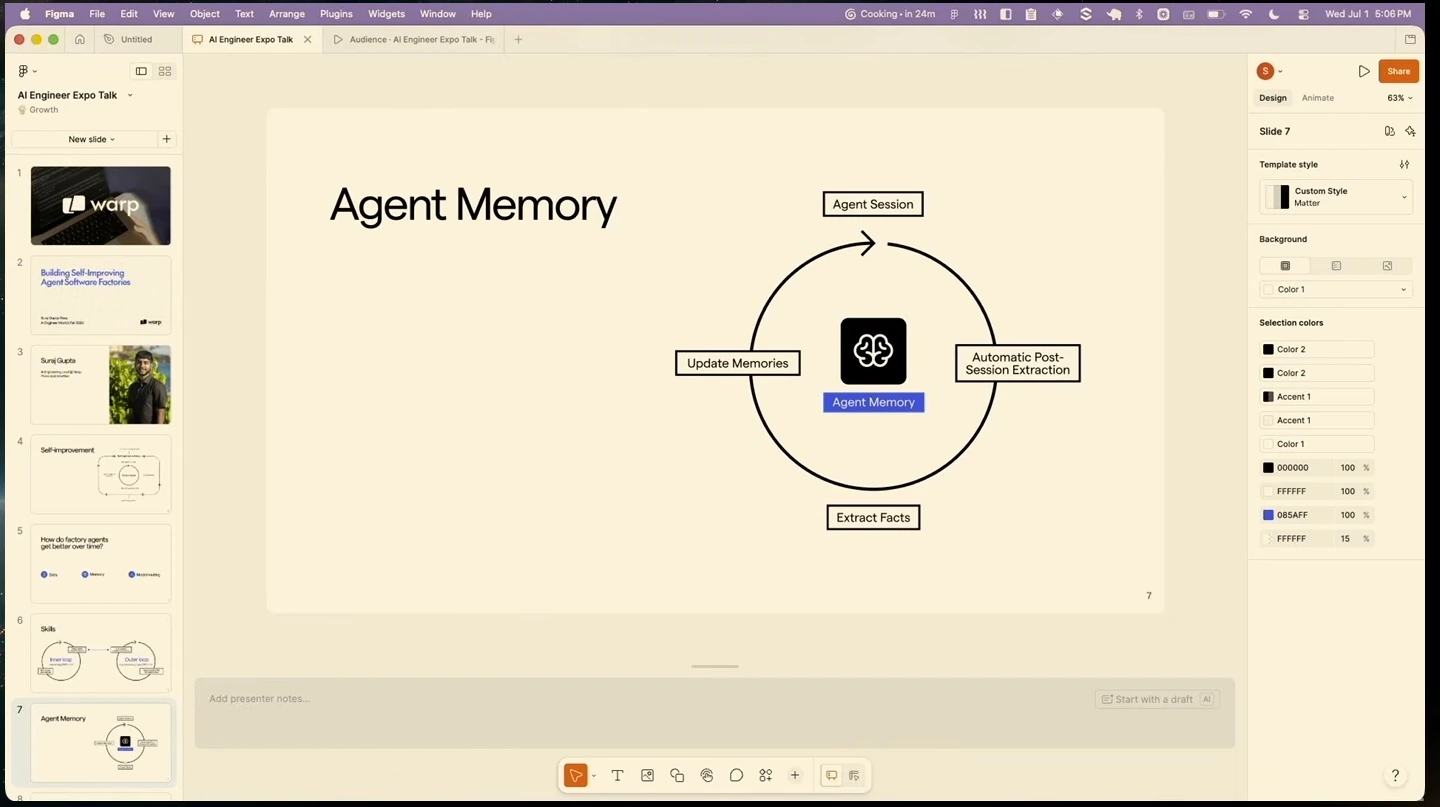 Slide showing an agent memory cycle connecting an agent session, post-session extraction, facts, and memory updates.