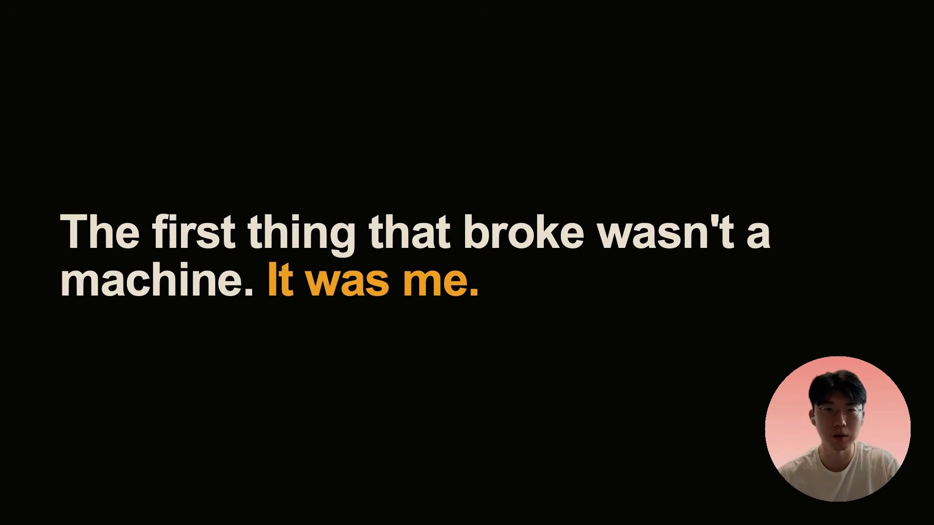 The slide says the first thing that broke was the speaker, not a machine.