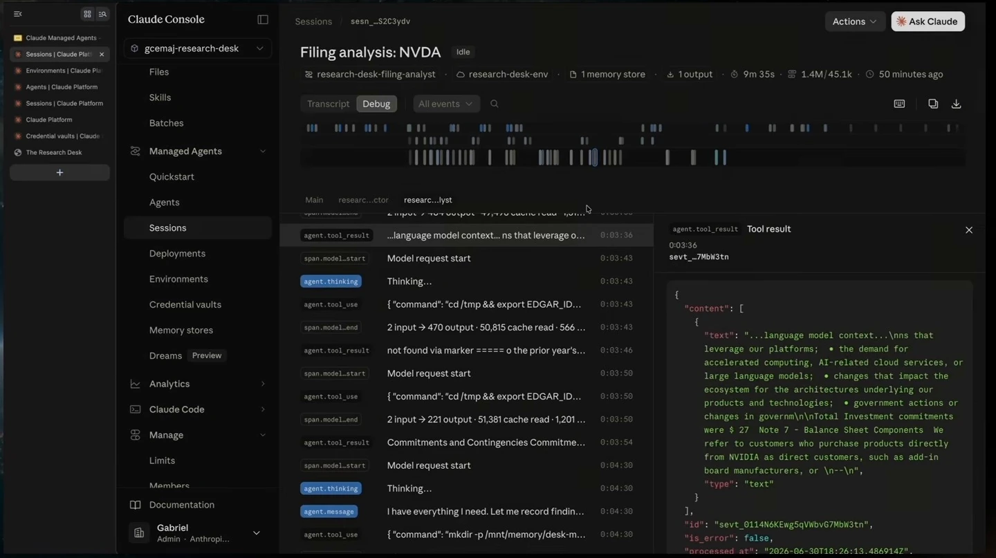 Claude Console debug view showing a sub-agent event timeline and a tool result from the filing analysis.