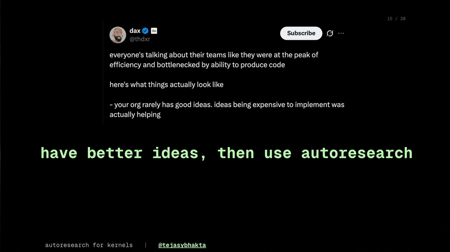 A social media post about the scarcity of good ideas appears above the takeaway to have better ideas and then use autoresearch.
