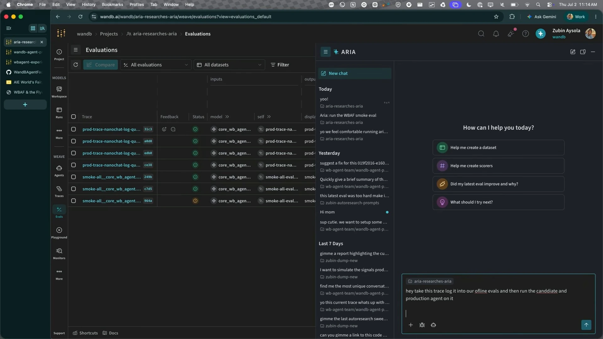 An evaluation dashboard with a request being composed in the ARIA chat panel.