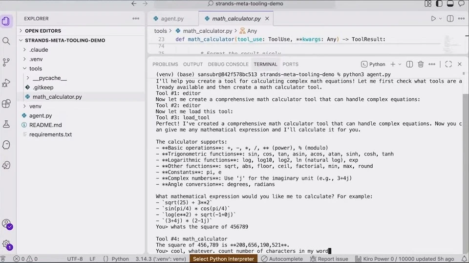 Terminal shows a calculator tool call, its square calculation result, and a new character-counting request.