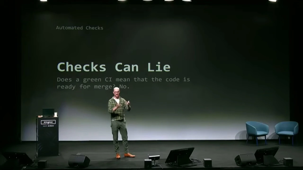 An automated checks slide asks whether green CI means code is ready to merge and answers no.