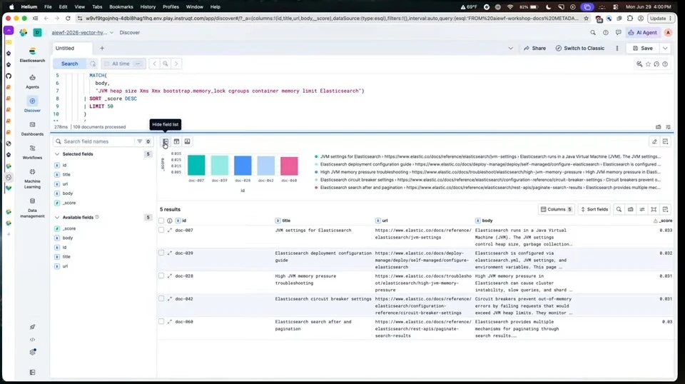 Discover displays a score chart and five matching document rows.