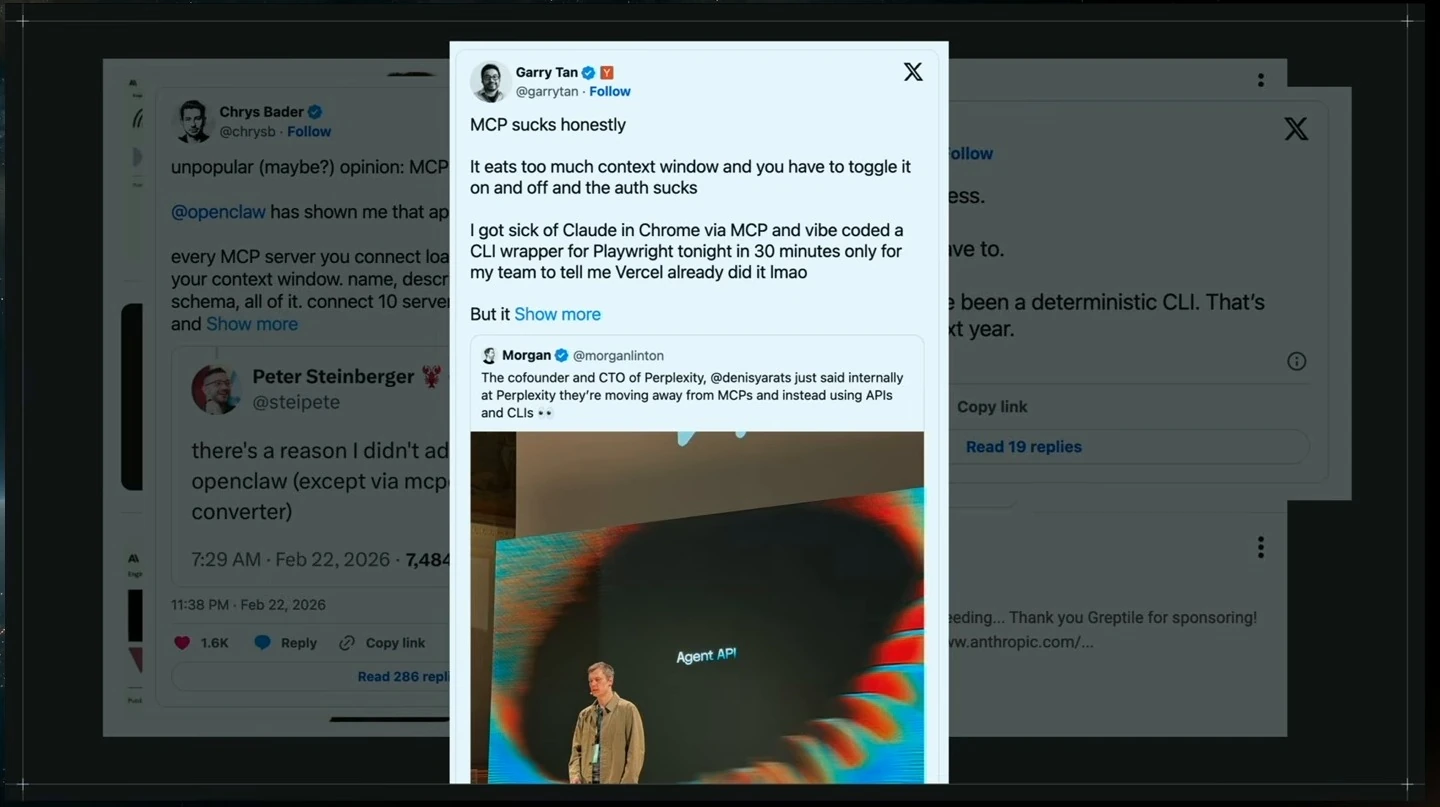 A social media post criticizes MCP context use and authentication, with a quoted post about APIs and CLIs.