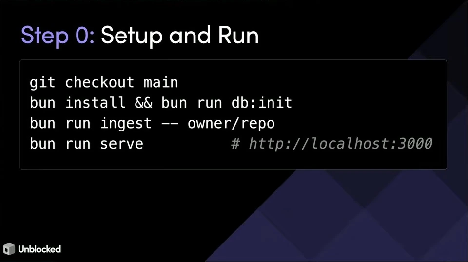 Commands to check out the project, initialize the database, ingest a repository, and start the server.