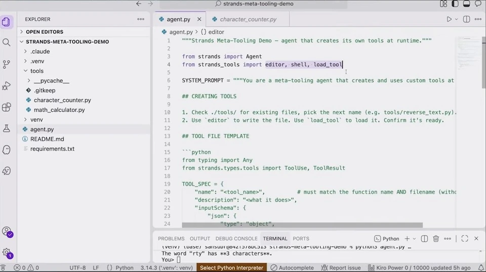 Editor showing agent imports, tool creation instructions, and the start of a tool template.