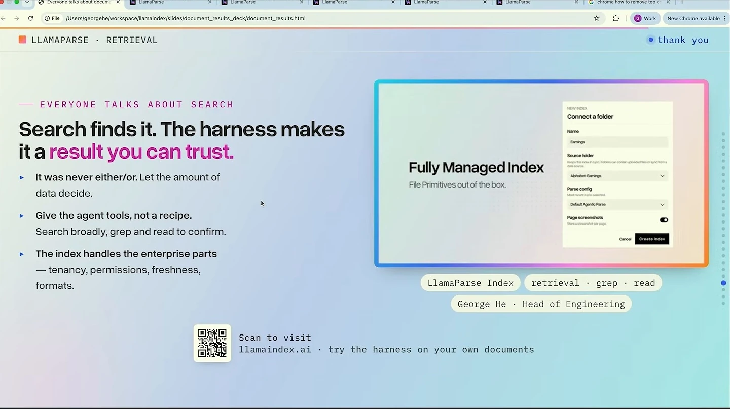 Closing slide summarizes search, agent tools, and managed indexing alongside a folder-connection panel.