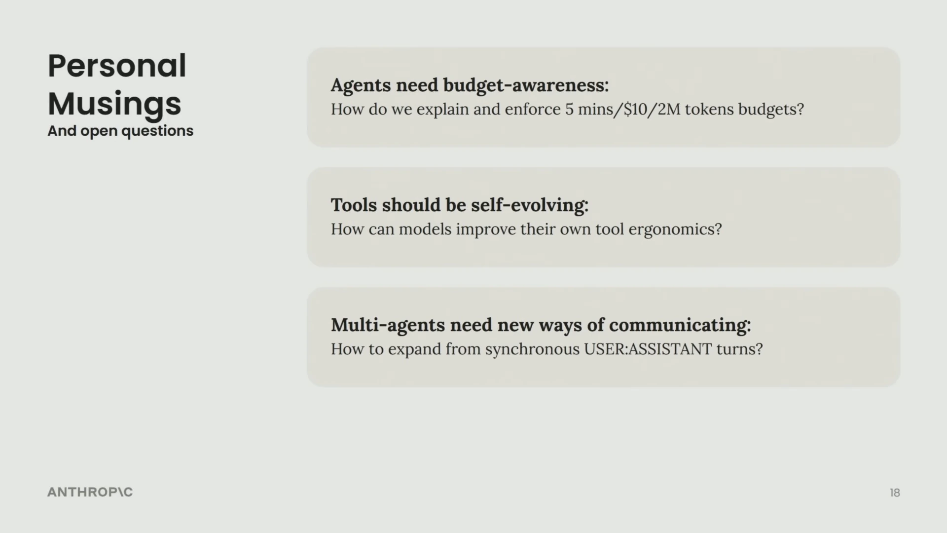 Slide raises questions about agent budgets, self-evolving tools, and communication among agents.
