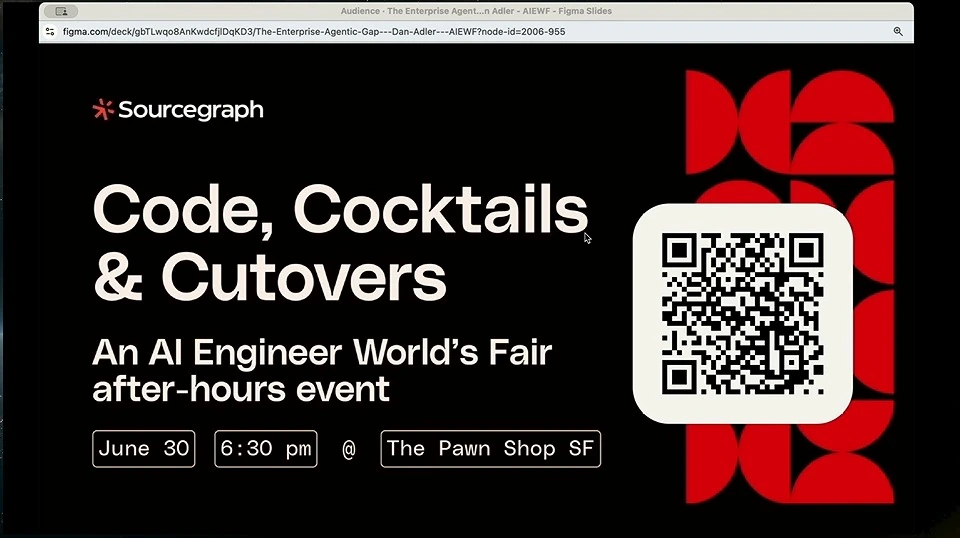 Sourcegraph event announcement for Code, Cocktails & Cutovers, with event details and a QR code.