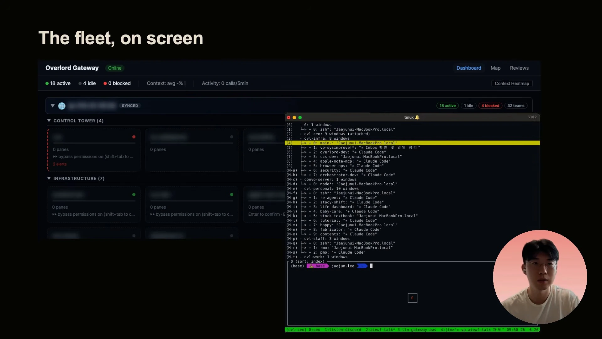 An agent dashboard and terminal showing multiple sessions, with the speaker in a circular overlay.