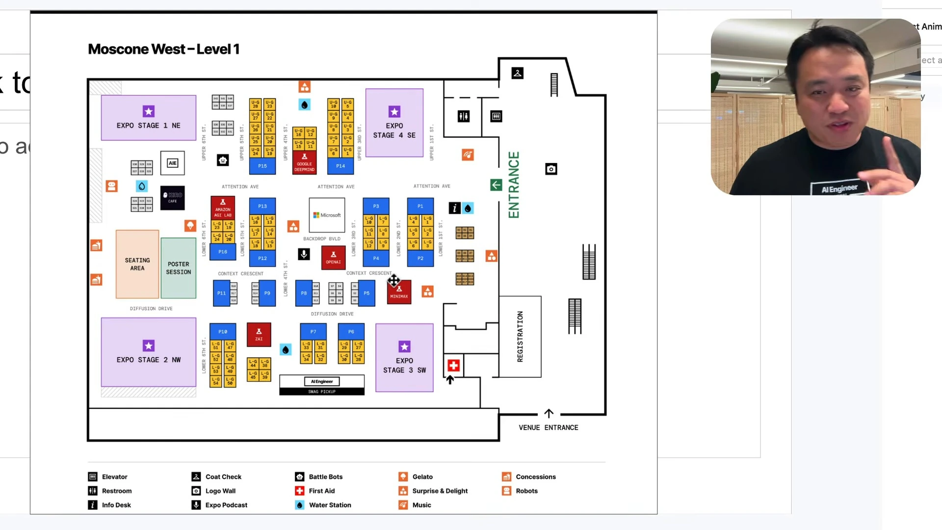 Expo floorplan showing four stages, booths, entrances and amenities.
