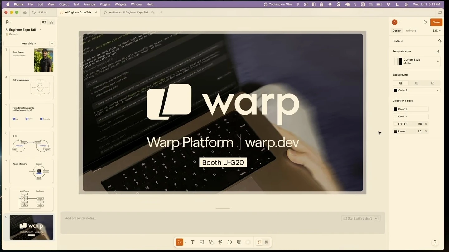 A Warp closing slide shows the platform name, website and booth information over a laptop photograph.