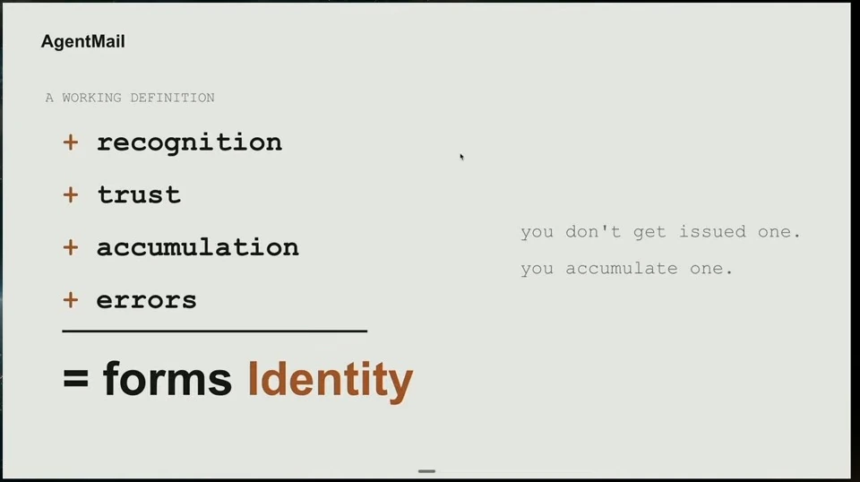 Recognition, trust, accumulation and errors form identity; the slide says identity is accumulated rather than issued.