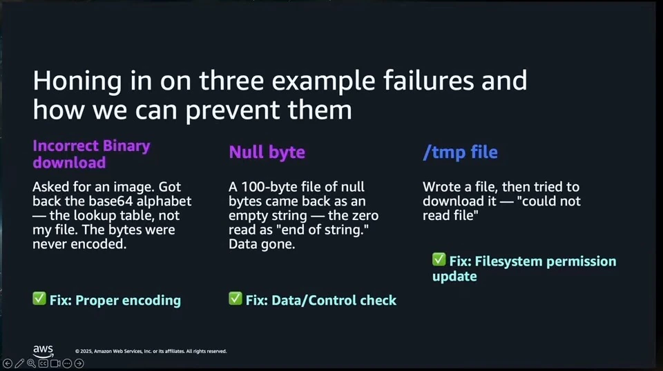 Three columns describe incorrect binary encoding, null-byte truncation, and a file download permission failure, with a fix for each.