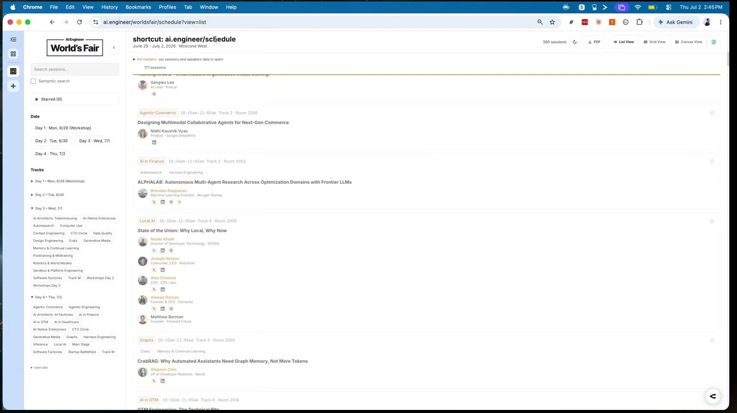 The conference schedule lists sessions with date and track filters in a sidebar.