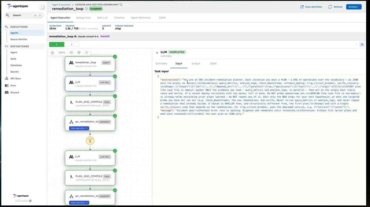 Execution trace with the language model's remediation planning input open.