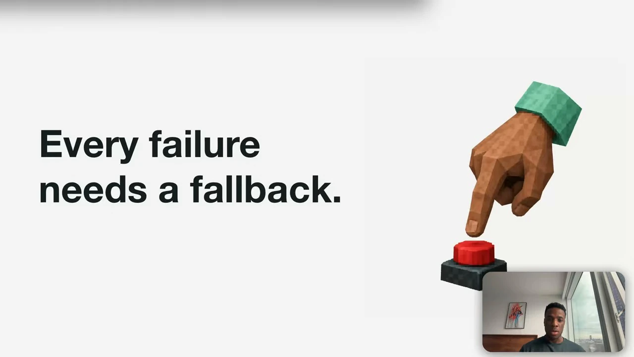 A hand reaches toward a red button beside the fallback message.