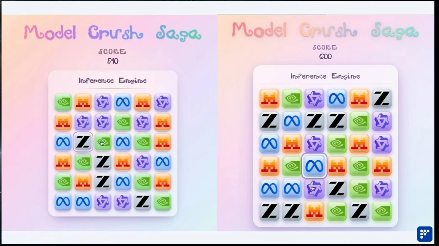 Two colorful match-three game boards appear side by side with different scores.