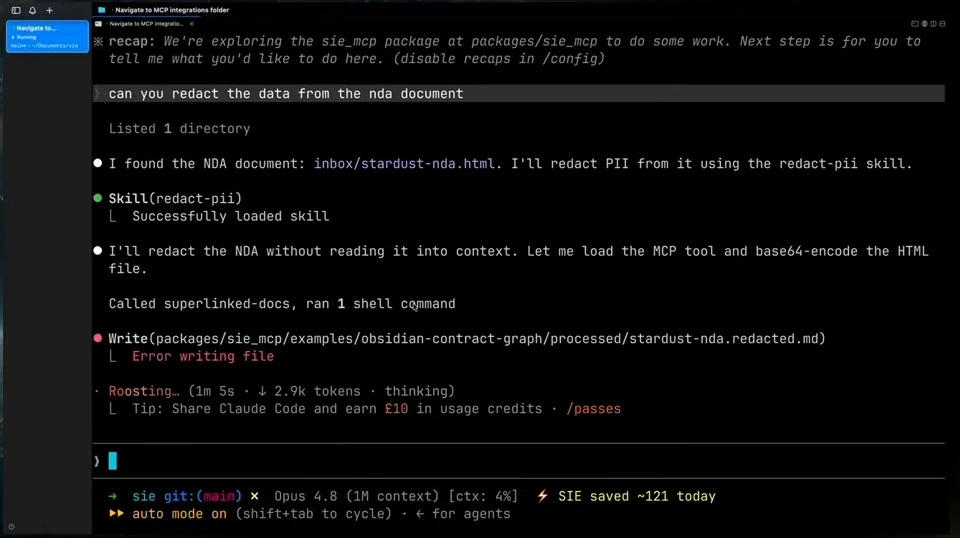 A coding assistant loads a redaction skill and reports a file-writing error.