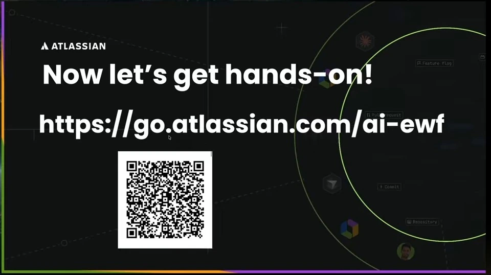Atlassian workshop slide with a link and QR code.