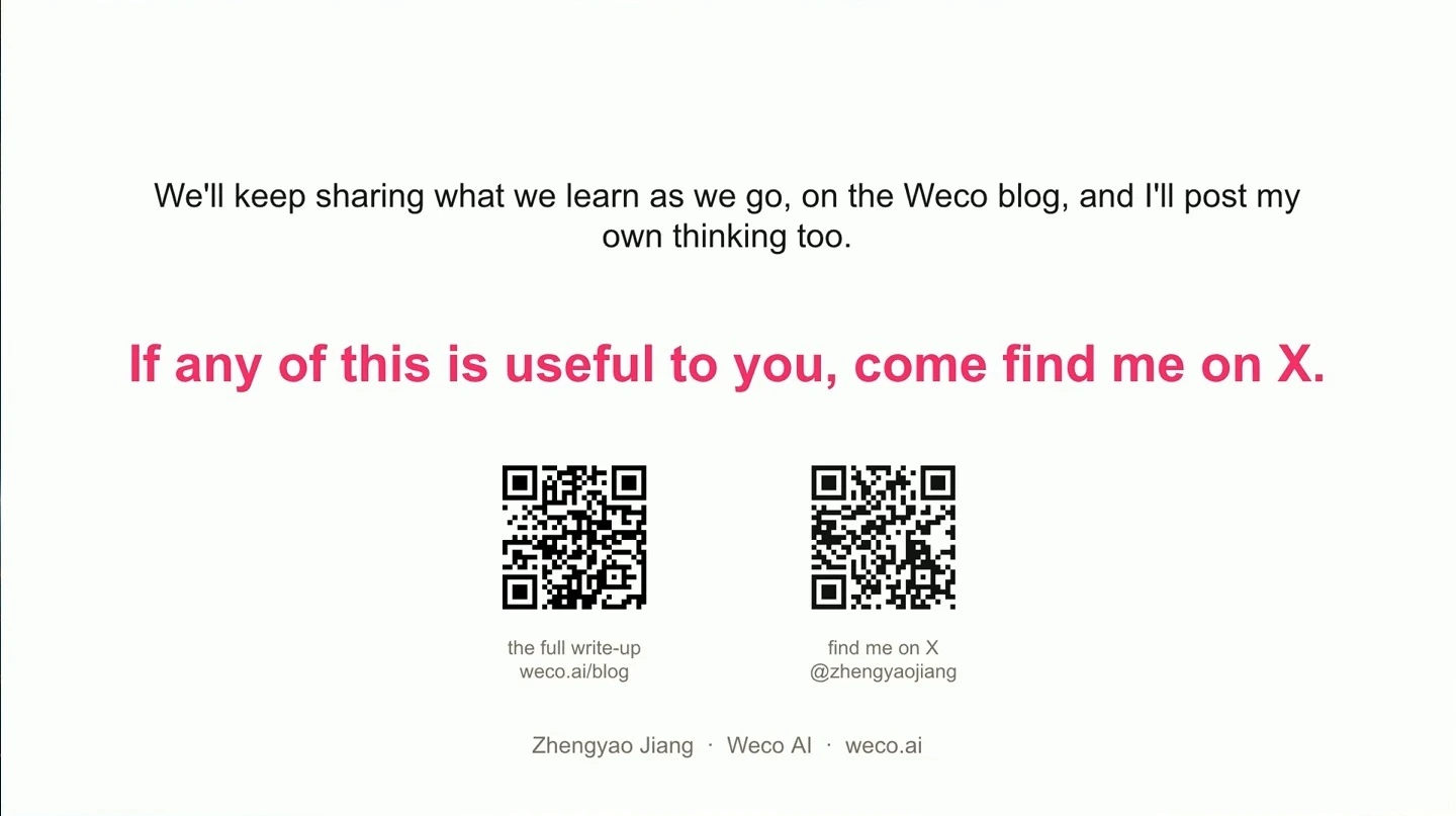 Closing slide invites viewers to follow the speaker's work and shows QR codes for the blog and social profile.