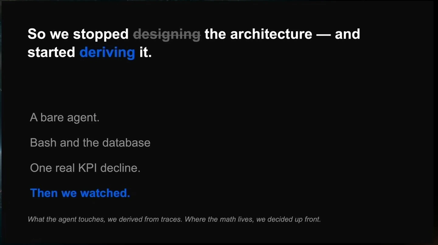 A bare agent uses Bash and a database to investigate a KPI decline while its behavior is observed.