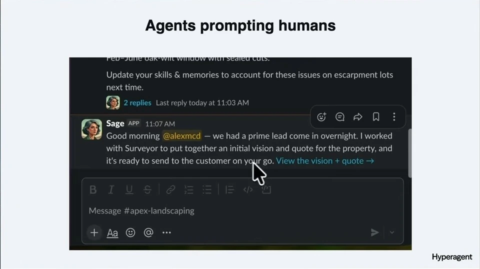 Sage tells a human that a landscaping vision and quote are ready for review.