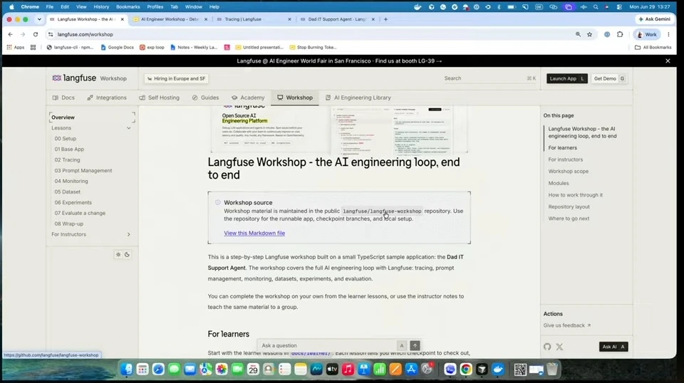 Browser showing the Langfuse workshop overview and its lesson navigation.