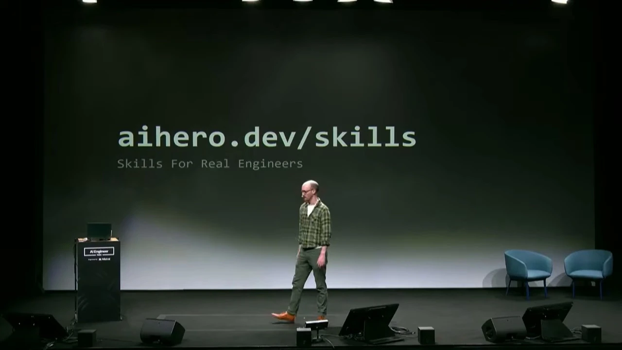 Stage screen displaying the AI Hero skills page and the phrase “Skills For Real Engineers.”