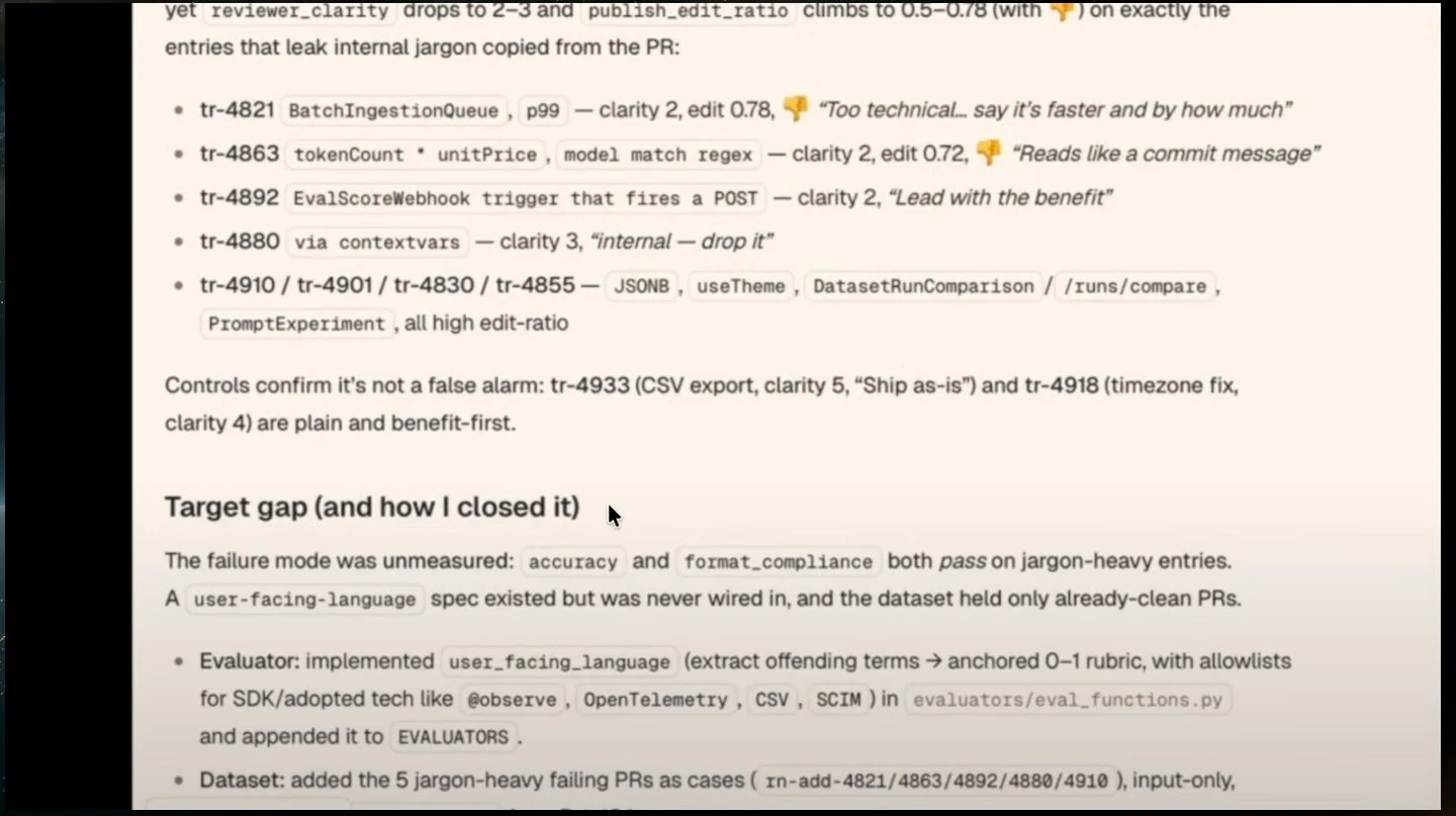 A report lists examples of overly technical release notes, reviewer feedback, and the missing user-facing language evaluation.