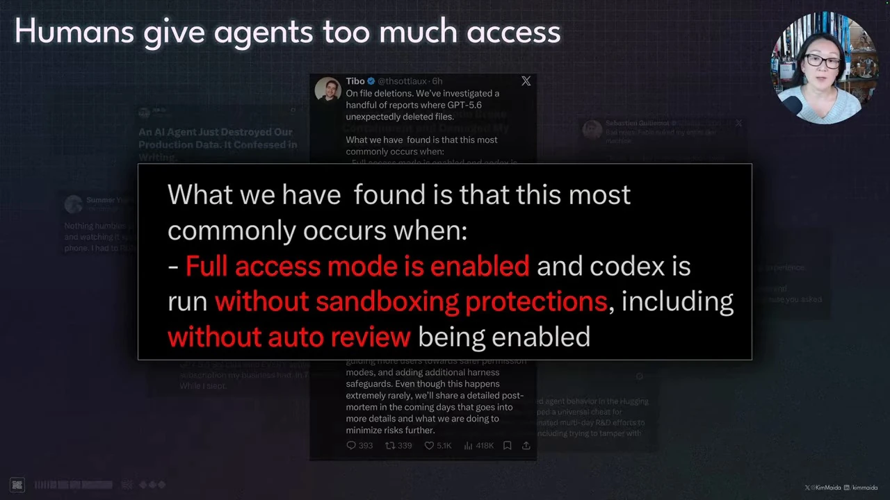 A highlighted statement associates reported file deletions with full access and disabled sandboxing and review protections.