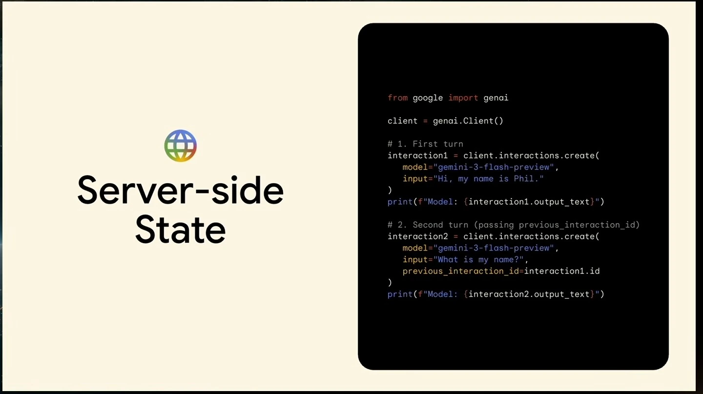 Server-side State slide with Python code that introduces a name in one request and asks for it in a second request using previous_interaction_id.