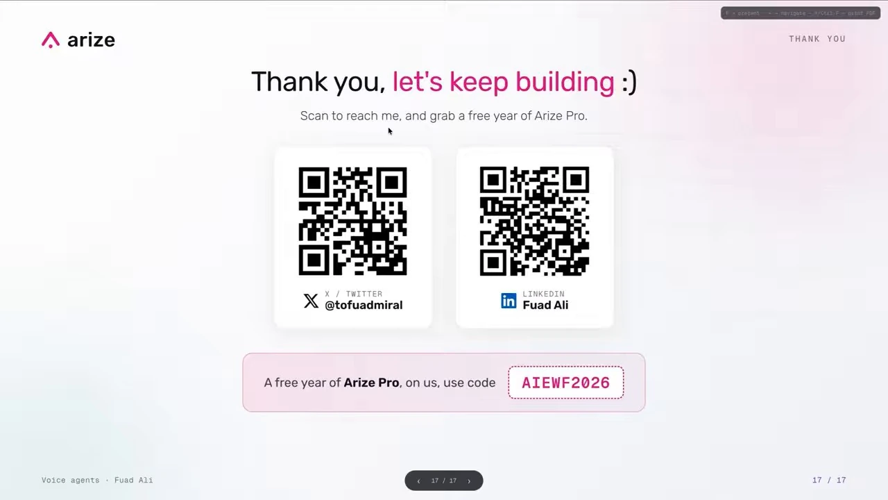 Closing slide with contact QR codes and a promotional offer.